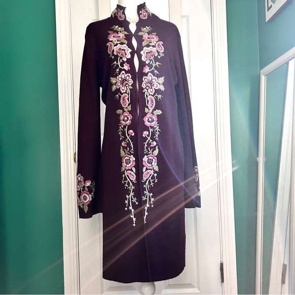 Long Maroon Wool Blend Cardigan with Embroidered Flowers at trim Small - Picture 7 of 11
